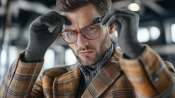 Engineer in protective glasses examining a digital interface in a futuristic lab setting. Concept of innovation and scientific progress photo