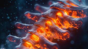 Detailed abstract image of a glowing DNA helix with fiery orange and red strands against a dark background. Concept of genetics and scientific research photo