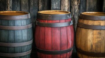 Wooden whiskey barrels stored in rows in a distillery. Traditional craftsmanship and aging process concept. High quality illustration photo