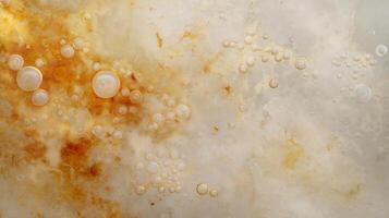 Close-up of golden bubbles and abstract textures floating in a liquid. Concept of science, chemistry, and artistic abstraction. photo
