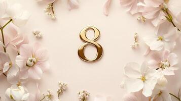 Elegant number 8 card design with soft white flowers and delicate details on a pastel background. Concept of minimalism and femininity photo