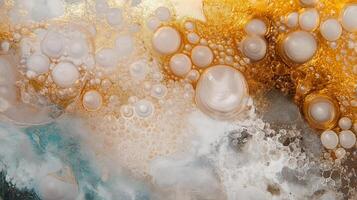 Abstract close-up of golden and silver bubbles forming intricate patterns in liquid. Concept of molecular science and fluid dynamics. photo