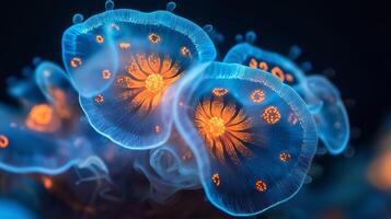 Microscopic view of glowing microbial organisms in vivid blue and orange colors. Biological and scientific innovation concept. High quality illustration photo