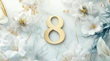 Elegant card design featuring the number 8 surrounded by white flowers on a pastel background. Concept of femininity and minimalism photo