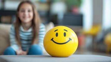 A bright yellow smiley face ball sits on a table while a happy young girl watches in the background, symbolizing joy and positivity. photo