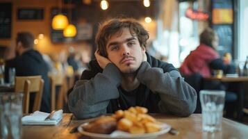 A young man rests his head on his hands, looking unmotivated while sitting in a cafe. The image represents boredom, loneliness, and lack of enthusiasm. photo