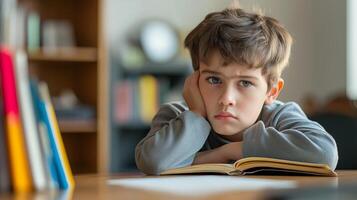 A young boy looks frustrated while studying at a desk, struggling with distractions. The image represents focus issues, academic challenges, and childhood learning difficulties. photo