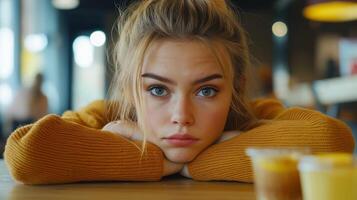 Tired college girl overwhelmed with studies photo