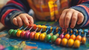 A young child uses an abacus to improve fine motor skills, hand-eye coordination, and early math learning through interactive play. photo