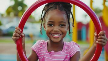 A cheerful child spinning a colorful hula hoop while playing outside, enjoying fun exercise and movement in a bright environment. photo