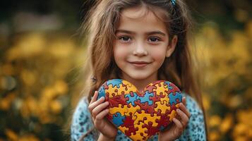 A happy young girl holds a heart-shaped puzzle, symbolizing love, connection, and emotional growth. The image conveys warmth and childhood innocence. photo