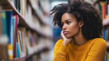 A young woman with glasses gazes into the distance, lost in thought. The image represents contemplation, introspection, and deep thinking. photo