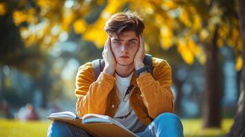 A young male student sits outside with books, holding his head in frustration. The image represents academic stress, concentration struggles, and exam pressure. photo