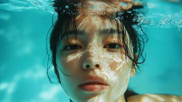 A refreshing view of a swimming pool, capturing a relaxing or active moment with clear blue water, sunlight, and a peaceful atmosphere. photo