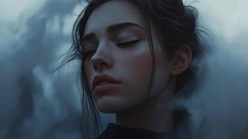 A young woman with closed eyes in a soft, moody atmosphere surrounded by mist, evoking a sense of introspection and serenity. photo