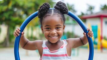 A joyful child smiling while playing with a colorful hula hoop, enjoying outdoor fun and exercise in a bright, cheerful setting. photo