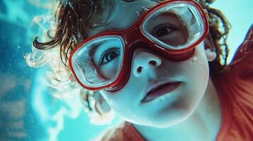 A child wearing red swimming goggles floats underwater in a pool, looking curious and fascinated by the experience of being submerged. photo
