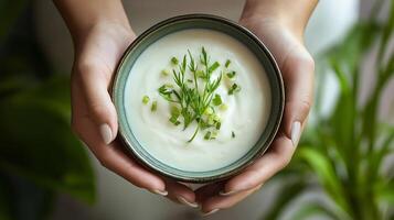 A person holding a bowl of creamy soup garnished with fresh herbs, creating a warm and comforting meal experience. photo