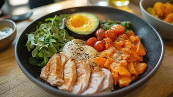 A healthy meal featuring grilled chicken, fresh vegetables, and a salad, served on a dark plate for a nutritious and balanced diet. photo
