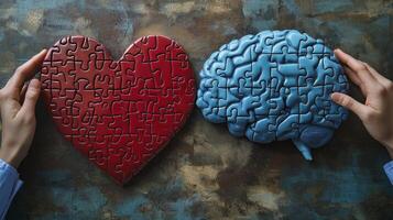 Two hands holding a red heart and a blue brain, symbolizing the balance between emotions and logic in decision-making and wellness. photo