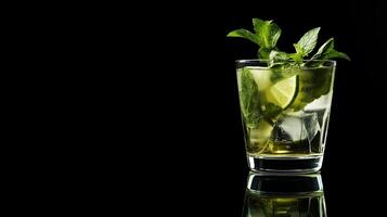 A bold and dramatic Mojito cocktail served in a clear glass with fresh lime and mint, set against a deep black background for a moody aesthetic. photo