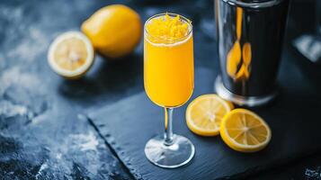 A vibrant Mimosa cocktail served in a champagne flute, garnished with fresh lemon zest, surrounded by sliced lemons, evoking a fresh and citrusy feel. photo