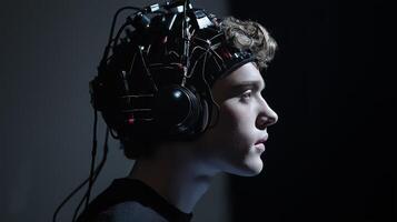 A young man wearing a futuristic brainwave-reading headset, symbolizing neuroscience, brain-computer interfaces, and cognitive research in AI and technology. photo