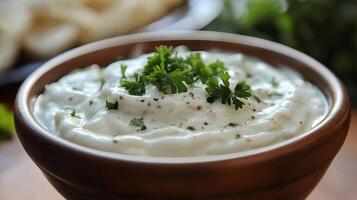 A creamy tzatziki sauce made with yogurt, cucumber, and garlic, served in a bowl with parsley garnish on a rustic wooden table. photo