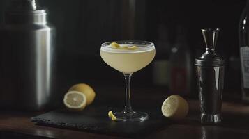 A classic Clover Club cocktail with gin, lemon, and raspberry syrup, served in a coupe glass with a lemon twist, set in a moody bar scene. photo