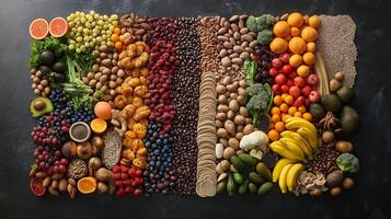A variety of high-fiber foods, including fruits, vegetables, whole grains, nuts, and legumes, arranged in an organized and visually appealing display. photo