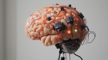 A realistic artificial brain model connected to wires and microchips, symbolizing neuroscience, AI, brain-computer interfaces, and futuristic technology. photo