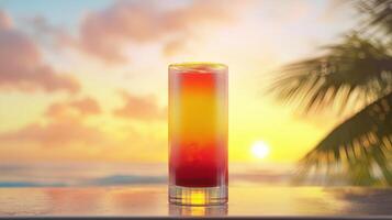 A classic Tequila Sunrise cocktail with vibrant layers of red and orange, served in a tall glass against a tropical beach sunset. photo