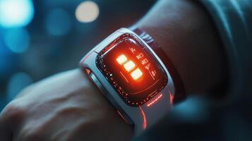 A futuristic smartwatch displaying biometric data, symbolizing biohacking, health tracking, and wearable technology for human enhancement. photo