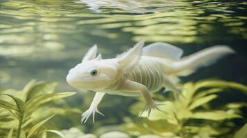 A cute axolotl swimming underwater, showcasing its unique features in a serene aquatic environment, representing biodiversity and exotic pets. photo