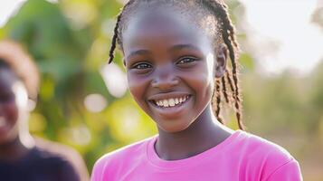 A confident African young girl standing amidst lush greenery, looking directly at the camera with a warm and inviting expression. photo