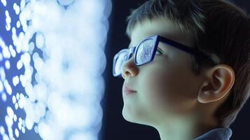 A young child with glasses staring at a glowing digital screen, symbolizing curiosity, autism awareness, and early cognitive development. photo