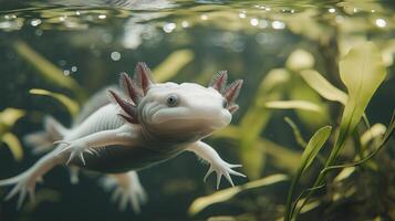 A close-up of a white axolotl swimming in a freshwater environment surrounded by aquatic plants, showcasing its unique features and serene movement. photo