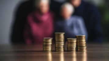 A pile of coins in focus with an elderly couple in the background, representing retirement planning, financial security, and long-term savings. photo