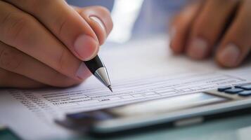 A close-up shot of hands writing on financial documents with a pen, symbolizing paperwork, loan applications, and financial management. photo