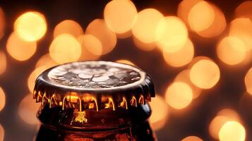 Close-up of a sealed beer bottle with a golden metal cap, set against a blurred background of warm glowing bokeh lights. photo