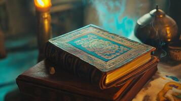 A beautifully decorated ancient book stacked on another, illuminated by soft candlelight, evoking a mystical and spiritual atmosphere. photo