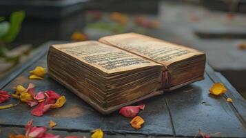 An old open manuscript with yellowed pages, surrounded by scattered flower petals, symbolizing spiritual wisdom, tradition, and historical significance. photo