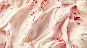 A detailed close-up of the soft and creamy texture of strawberry swirl ice cream, highlighting its rich, velvety consistency and fruit infusion. photo