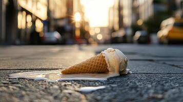 A melting ice cream cone on a city sidewalk during sunset, with golden light reflecting the fleeting nature of summer and sweet moments. photo