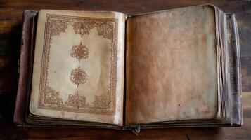 An old book with intricate golden decorations on its pages, lying open on a wooden surface, representing history, knowledge, and spirituality. photo