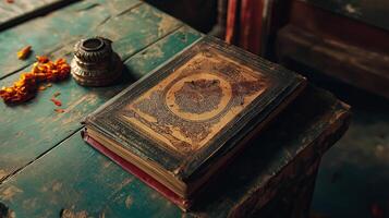 A worn-out ancient book with a decorative cover resting on a rustic wooden table, evoking mystery, history, and knowledge. photo