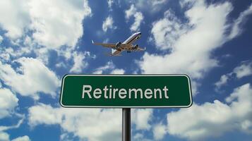 Green road sign pointing toward retirement with airplane in the sky photo