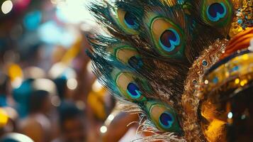 A close-up of an intricate peacock feather headdress adorned with gold embellishments, worn by a devotee at the Thaipusam festival. photo