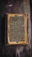 An old Hindu religious book featuring ancient Sanskrit text, symbolizing devotion, wisdom, and spiritual knowledge. photo