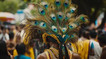 A back view of a man wearing an elaborate peacock feather headdress as he walks through the Thaipusam procession, symbolizing devotion and cultural heritage. photo